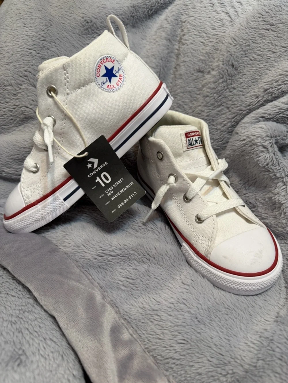 Converse Kids White High Top Sneakers with Red & Navy Trim Little Kids size 10